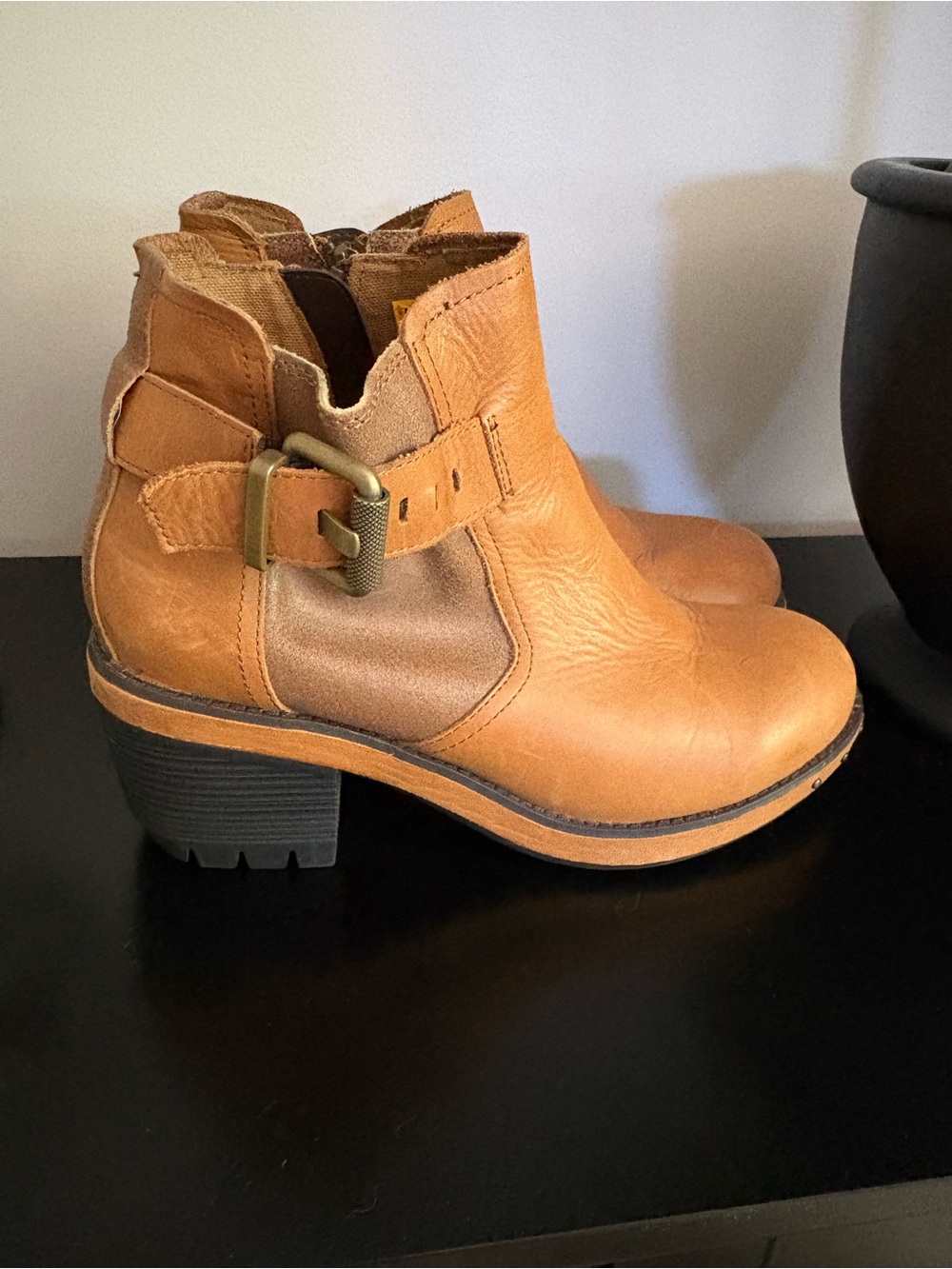 Caterpillar Tan Leather Buckle Ankle Boots for Women